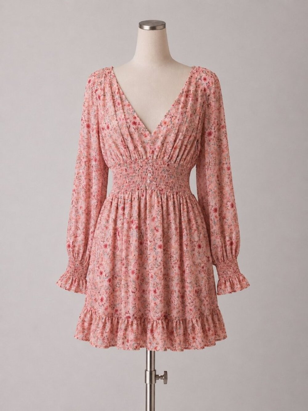 Arula Floral Smocked Mini Dress Size A XL Pink Boho Long Sleeve